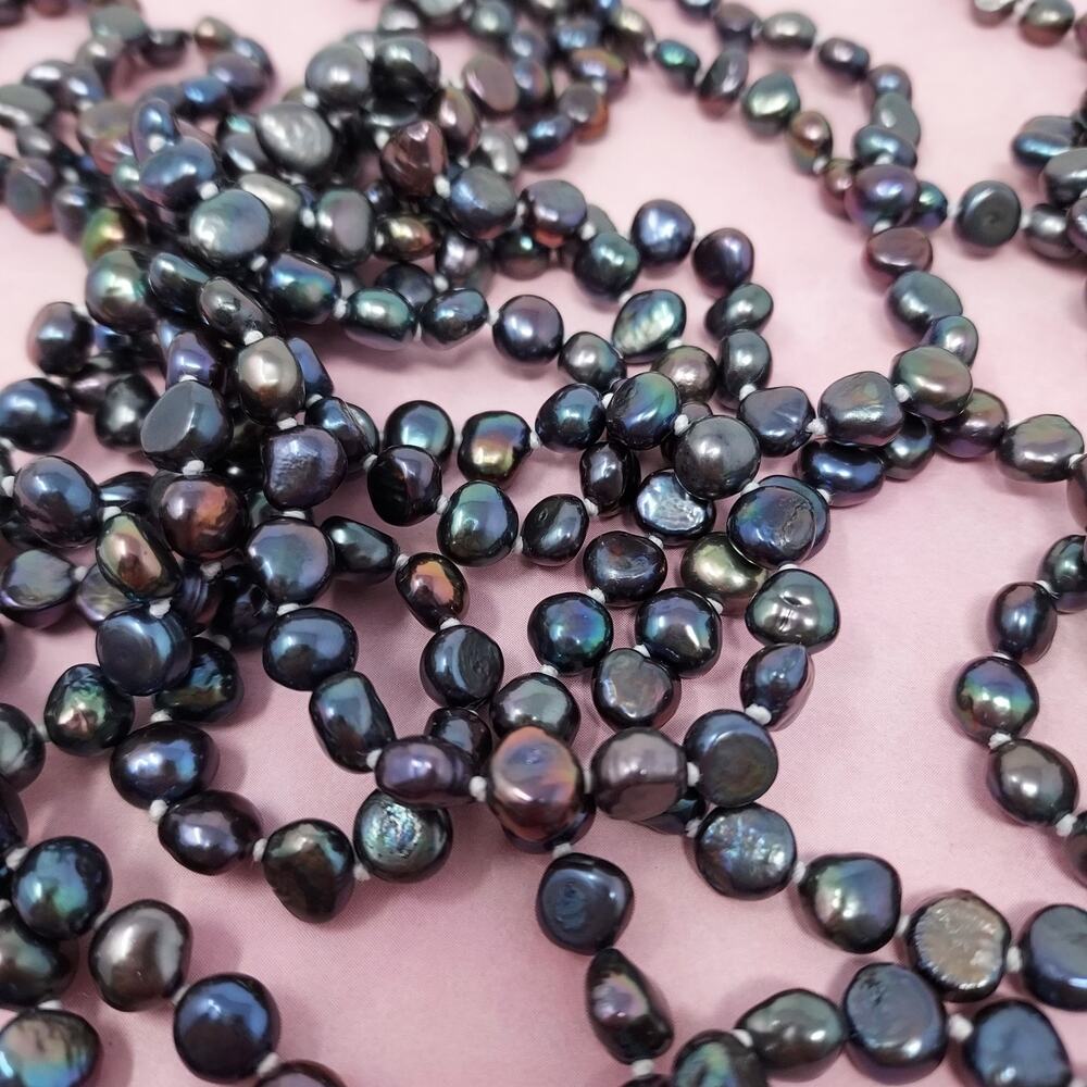 Freshwater Pearl Necklace Oil Slick Peacock Extra Long 96" Flapper Opera Knotted